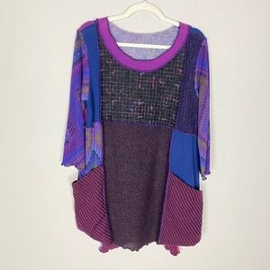 Hand Jive Wear Art Patchwork Tunic Top Womens Medium Pockets Boho Colorful